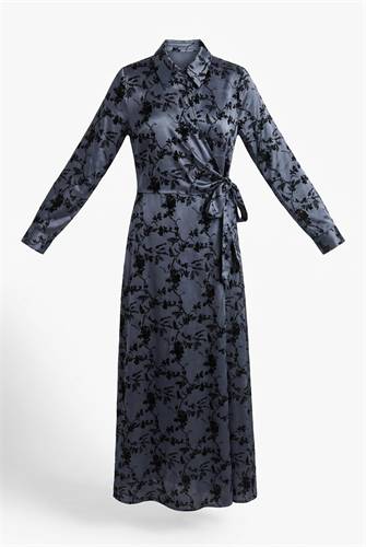 Flocked Maxi Wrap Shirt Dress in Steel Black by E.U.X. Exclusive