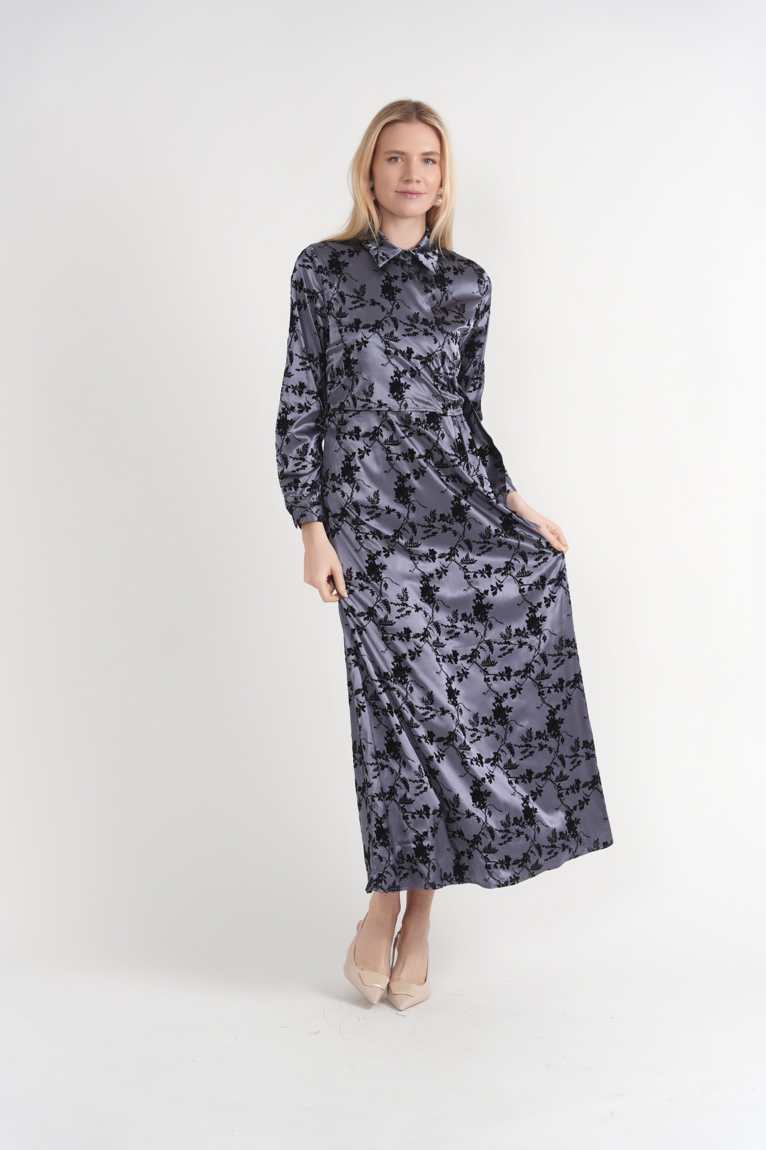 Flocked Maxi Wrap Shirt Dress in by E.U.X. Exclusive
