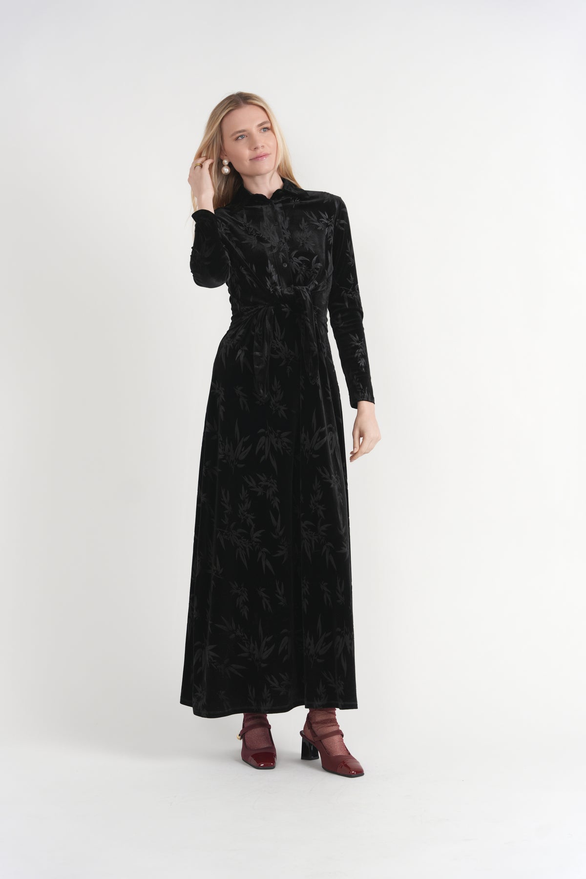 Velour Maxi Dress Set in Black Print by Mademoiselle