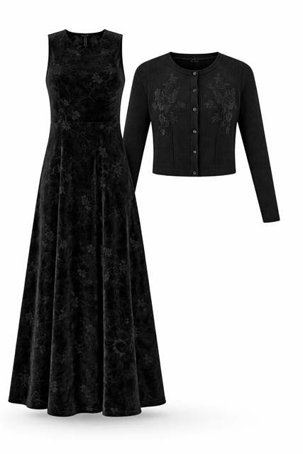Embroidered Maxi Flocked Velvet Cardigan Set in Black by The Norway Club