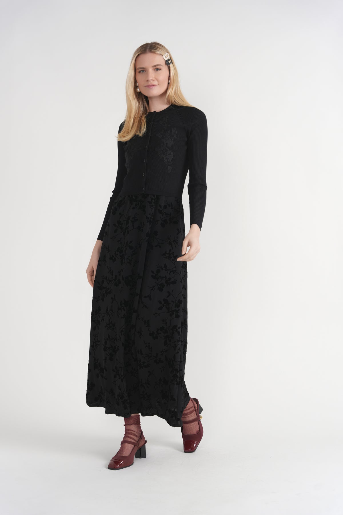 Embroidered Maxi Flocked Velvet Cardigan Set in Black by The Norway Club