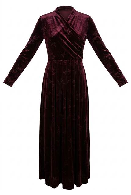 Floral Velour Mock Wrap Maxi Dress in Wine by Vivid