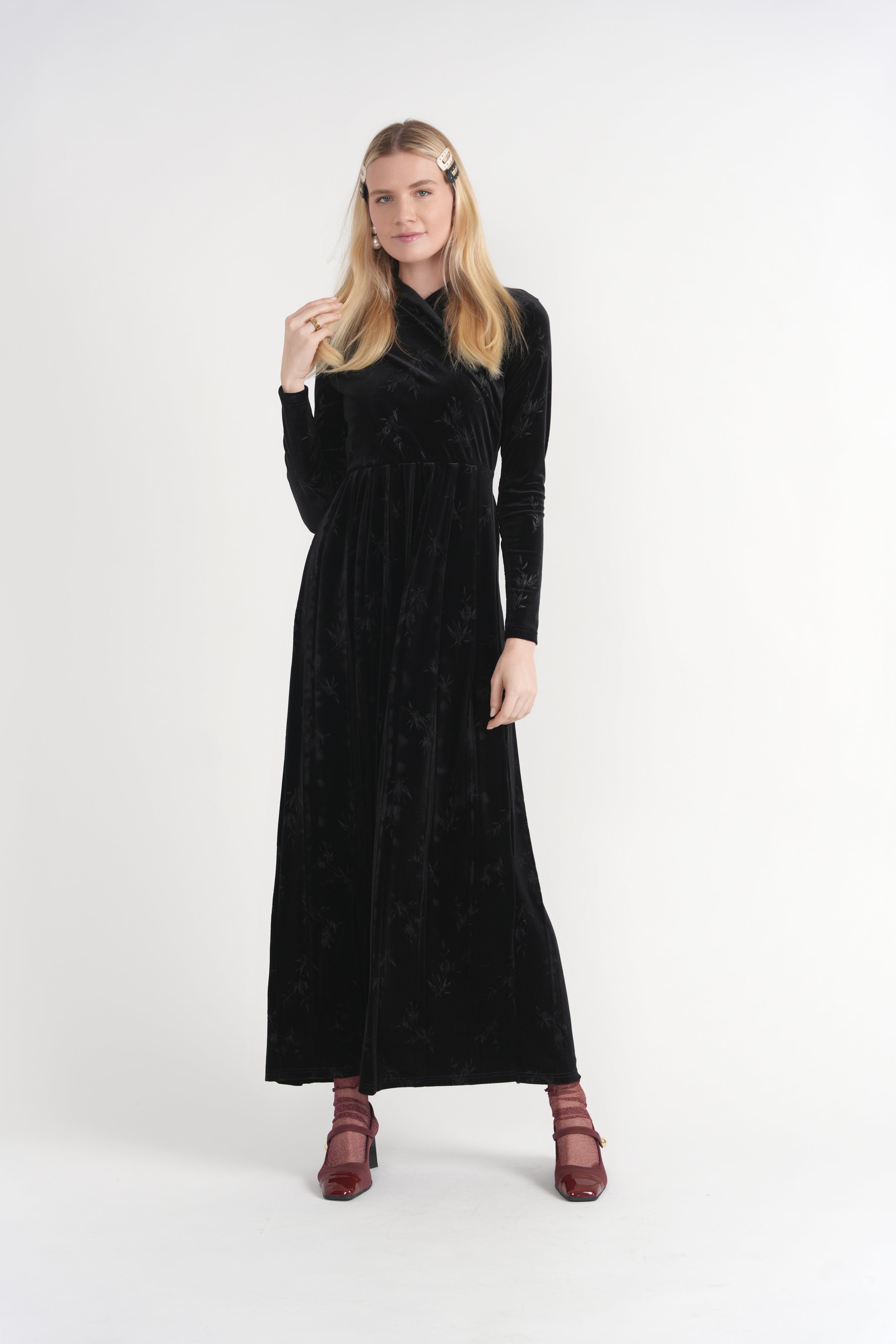 Floral Velour Mock Wrap Maxi Dress in by Vivid
