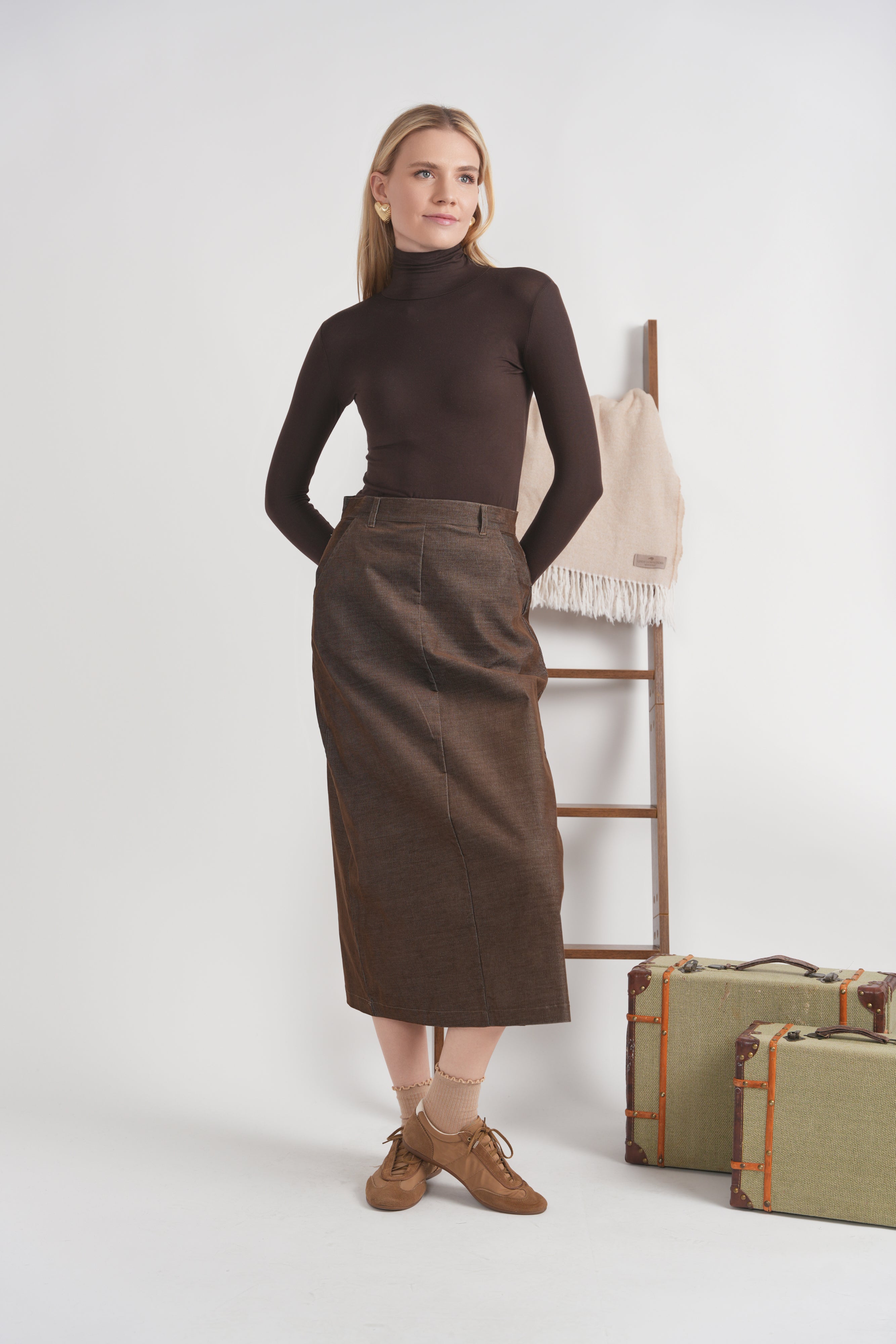 Corduroy Maxi Straight Pocket Skirt in Olive by Faves