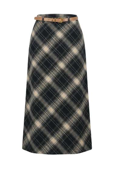 Wool Plaid Straight Skirt in Grey by Midi