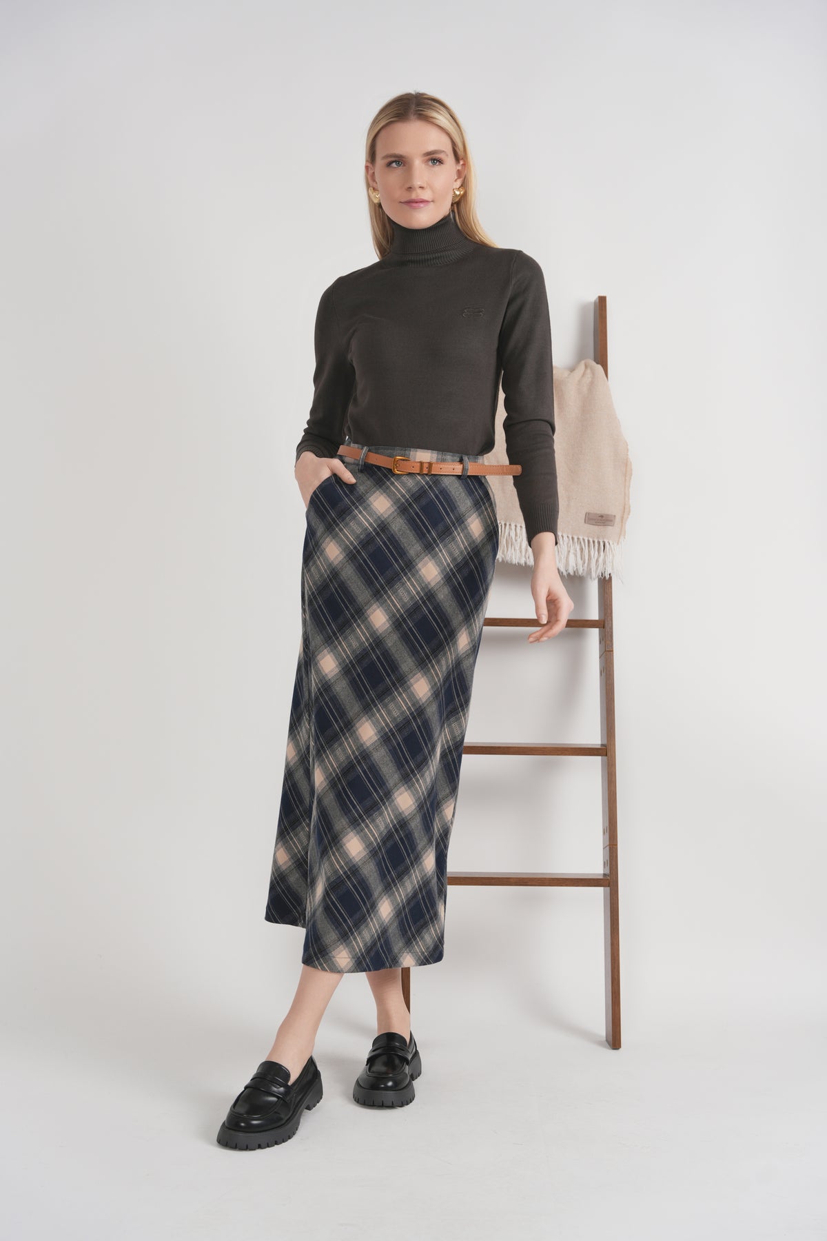 Wool Plaid Straight Skirt in Olive by Midi