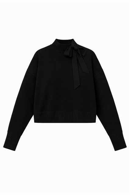 Knit Mock Neck Tie Sweater in Black by Vivid