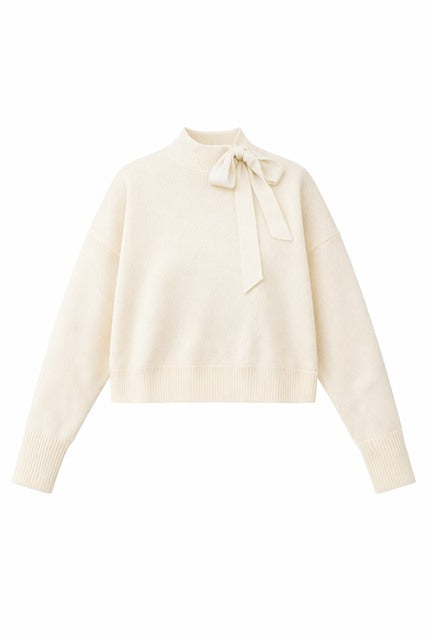 Knit Mock Neck Tie Sweater in Cream by Vivid