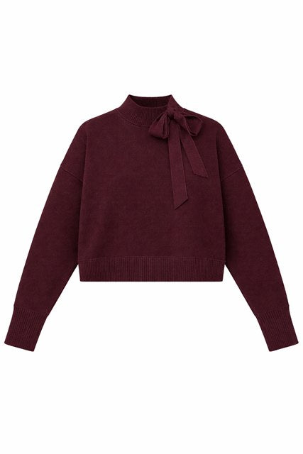 Knit Mock Neck Tie Sweater in Dark Wine by Vivid