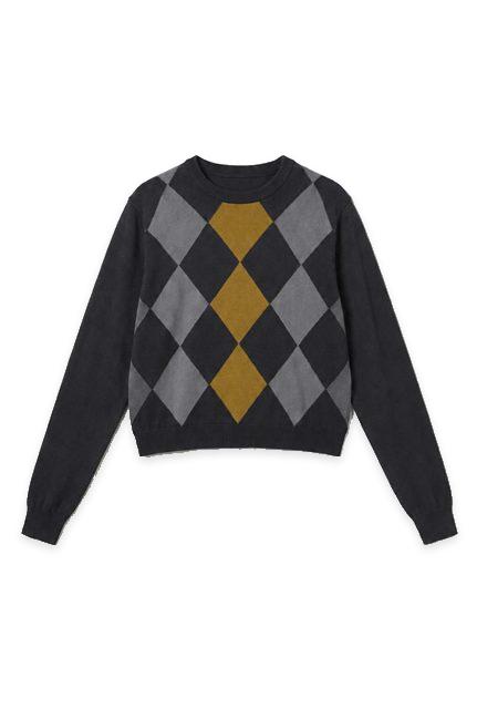 Argyle Cropped Sweater in Black Dark Mustard by Dot