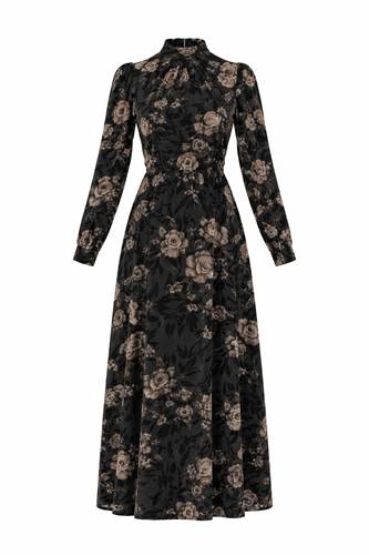 Flocked Velvet Maxi Dress in Black Taupe by Blanc et Noir