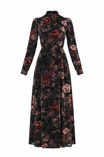 Flocked Velvet Maxi Dress in Black Wine by Blanc et Noir
