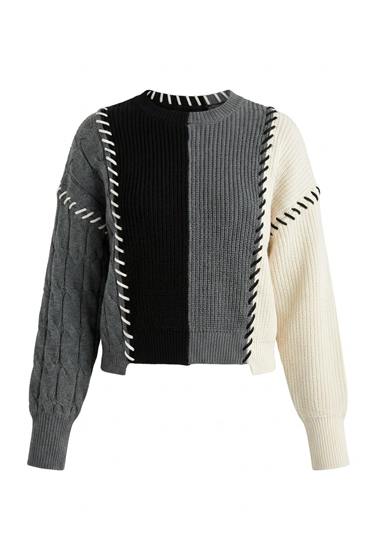 Color Blocked Patch Look Sweater in Black Grey by Spades