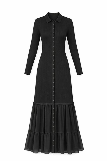 Knit Chiffon Maxi Dress in Black by Milan Italy