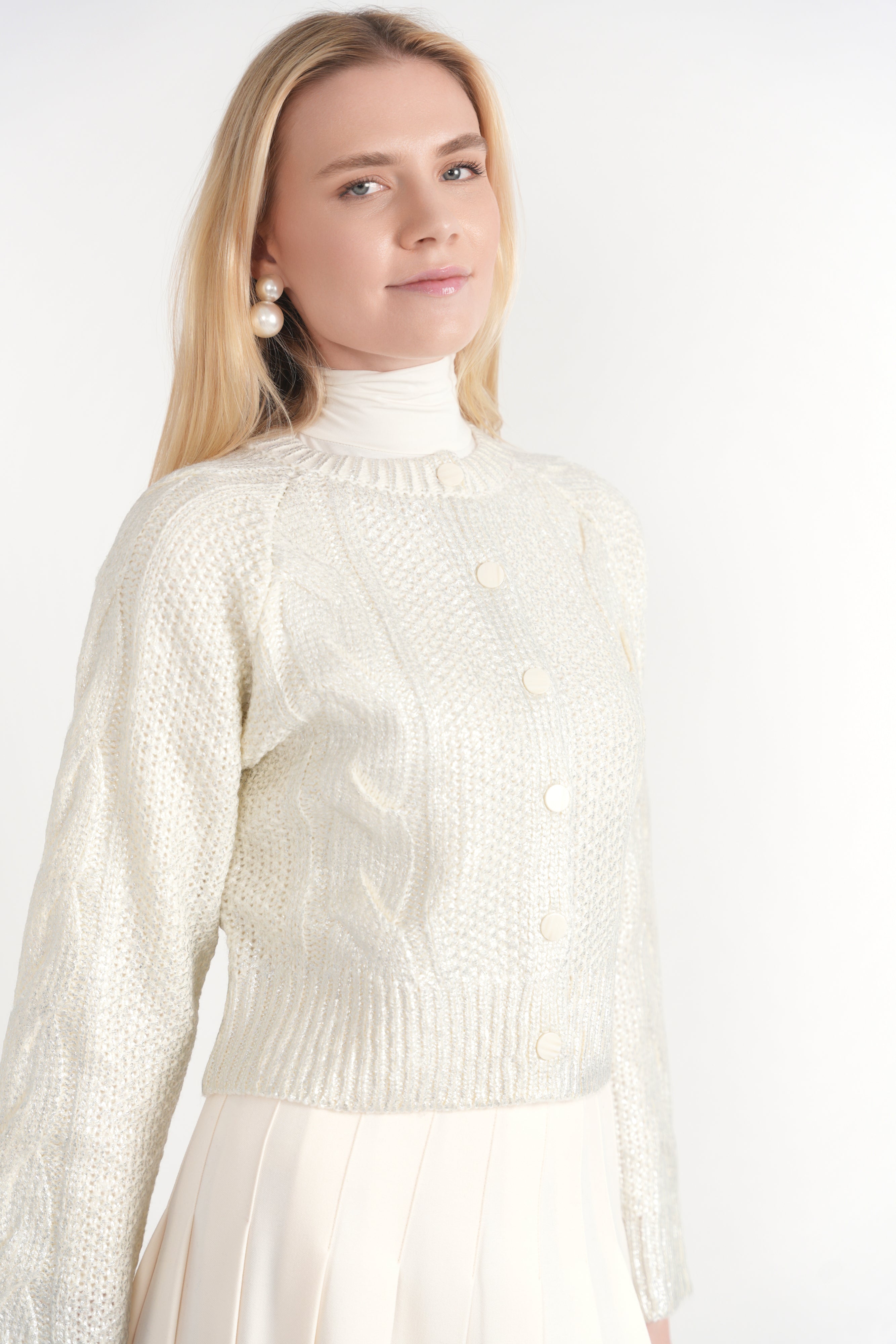 Cropped Metalic Cable Cardigan in by NYC Factory