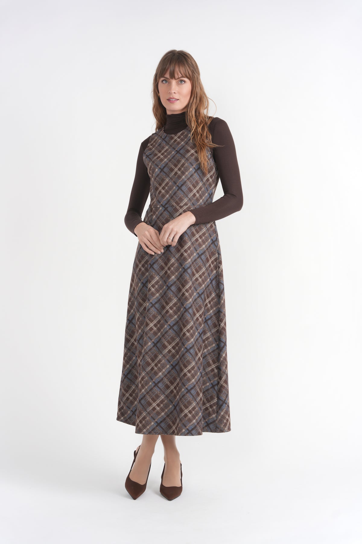 Plaid Knit Midi Jumper in Wine by NYC Factory