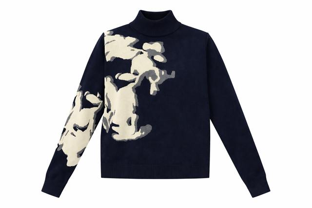 Printed Mock Neck Knit Top in Dark Navy Cream by Juli