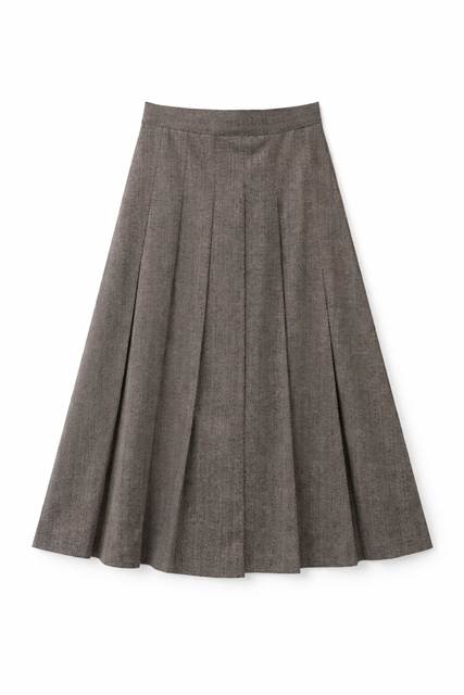 Herringbone Midi Pleated Skirt in Charcoal by Mademoiselle