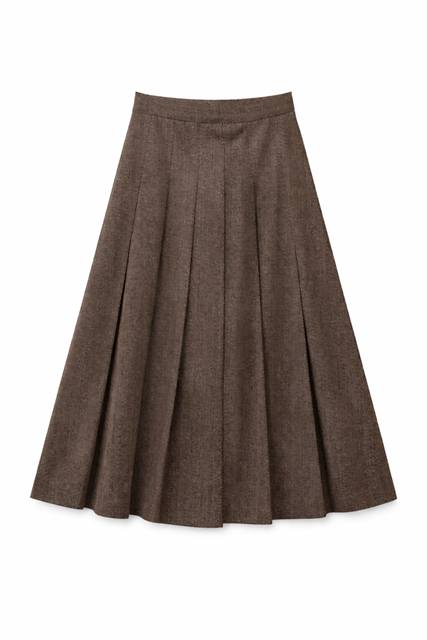 Herringbone Midi Pleated Skirt in Chocolate by Mademoiselle