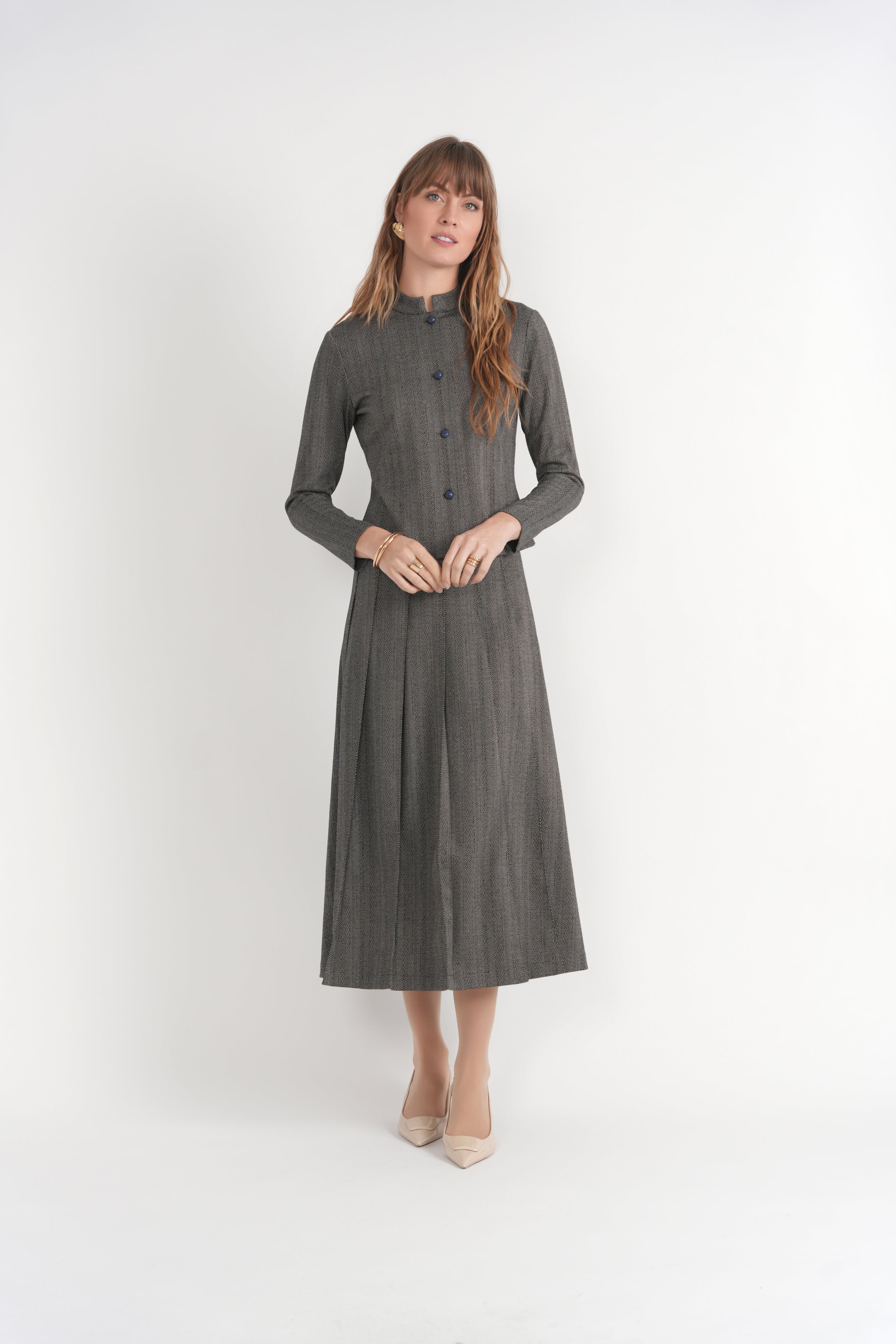 Herringbone Midi Pleated Skirt in by Mademoiselle