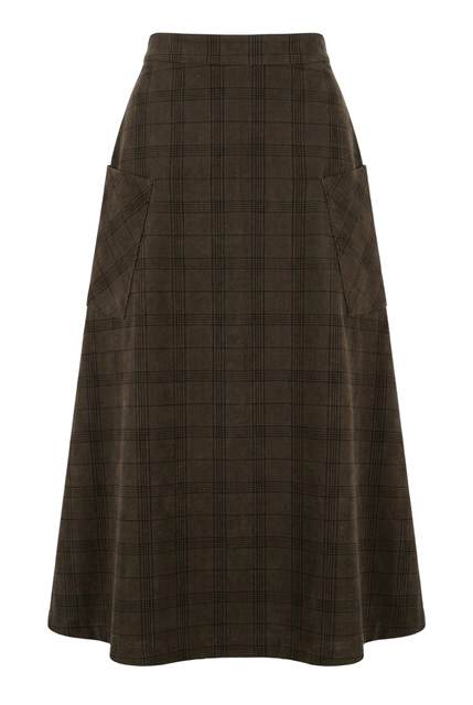 Plaid Corduroy Pocket Skirt in Taupe by Faves
