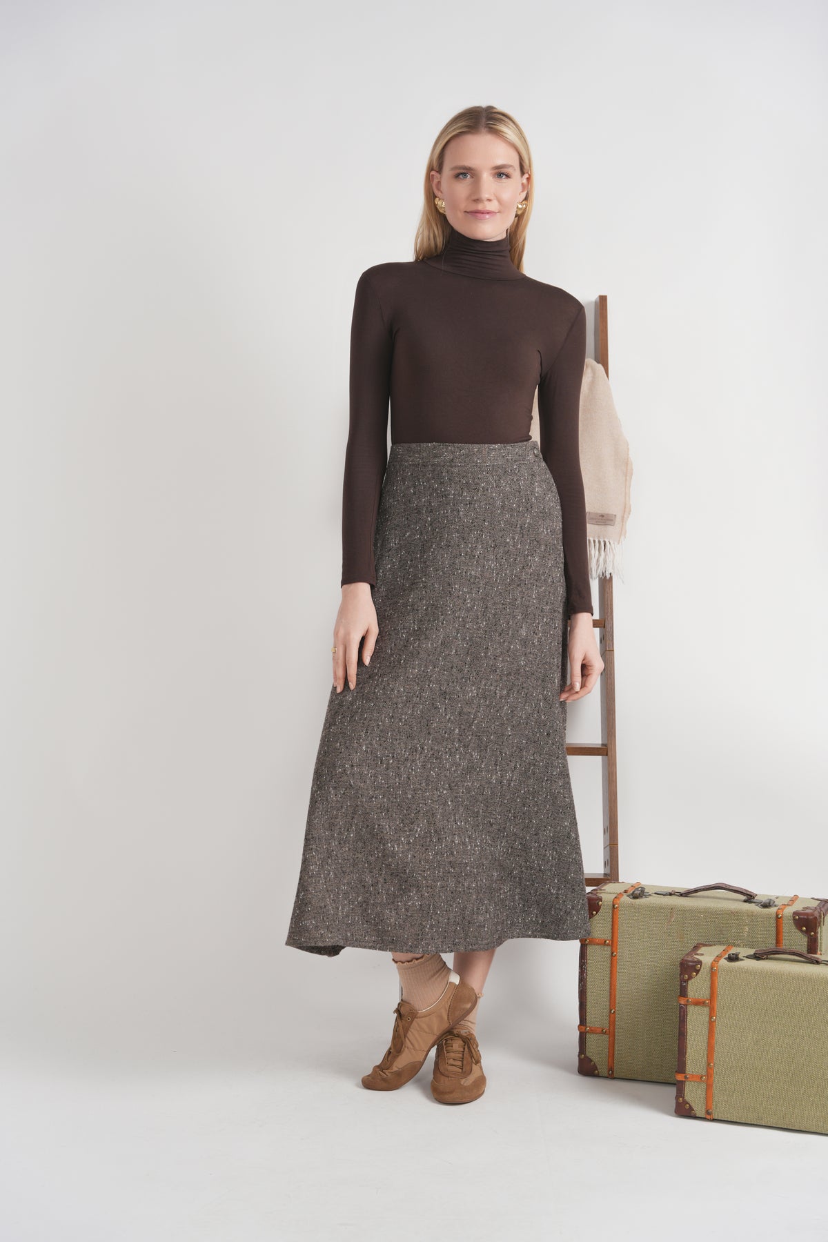 Tweed Button Side Midi Skirt in Mocha by Viva K