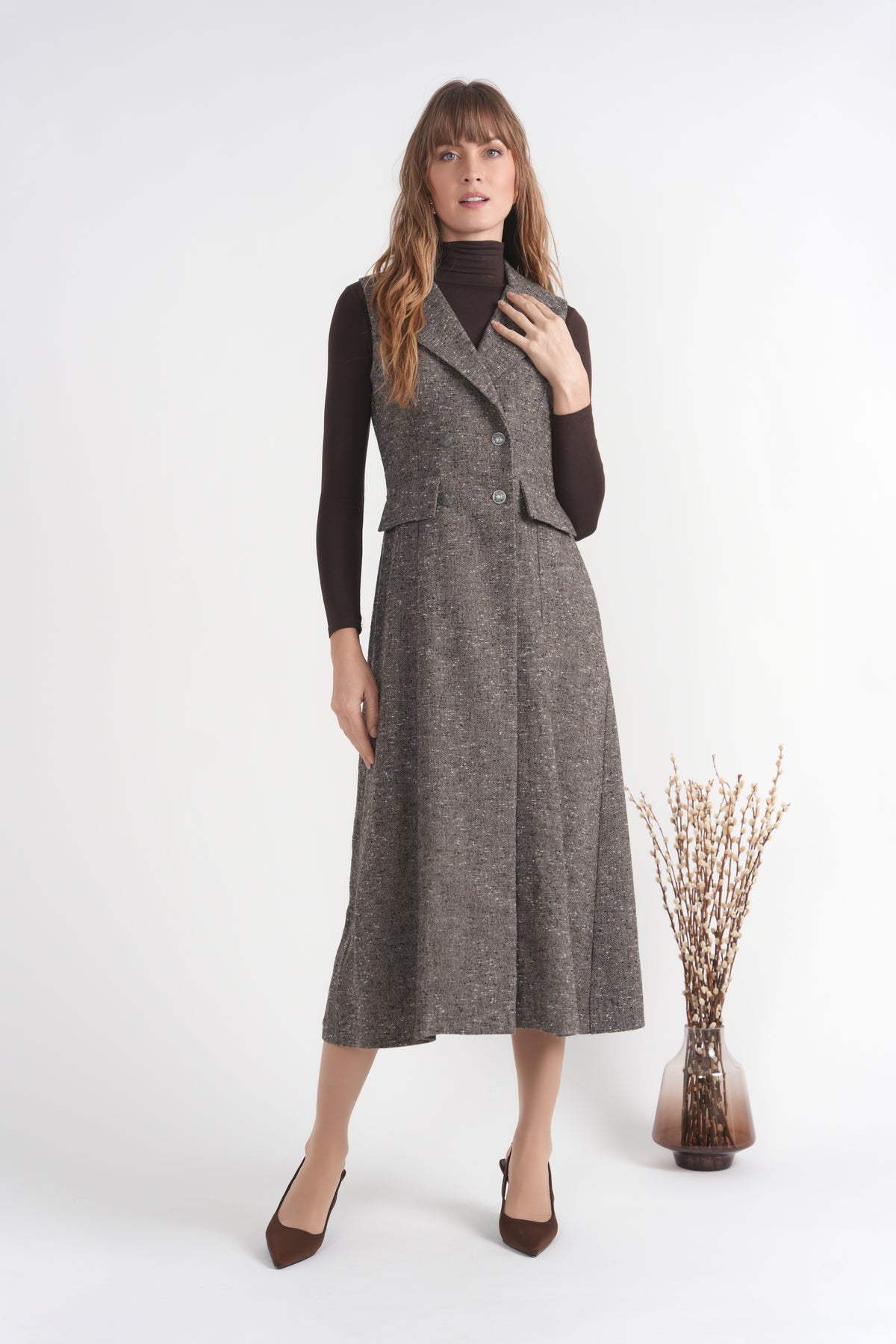 Double Breasted Tweed Trench Jumper in Chocolate by Viva K
