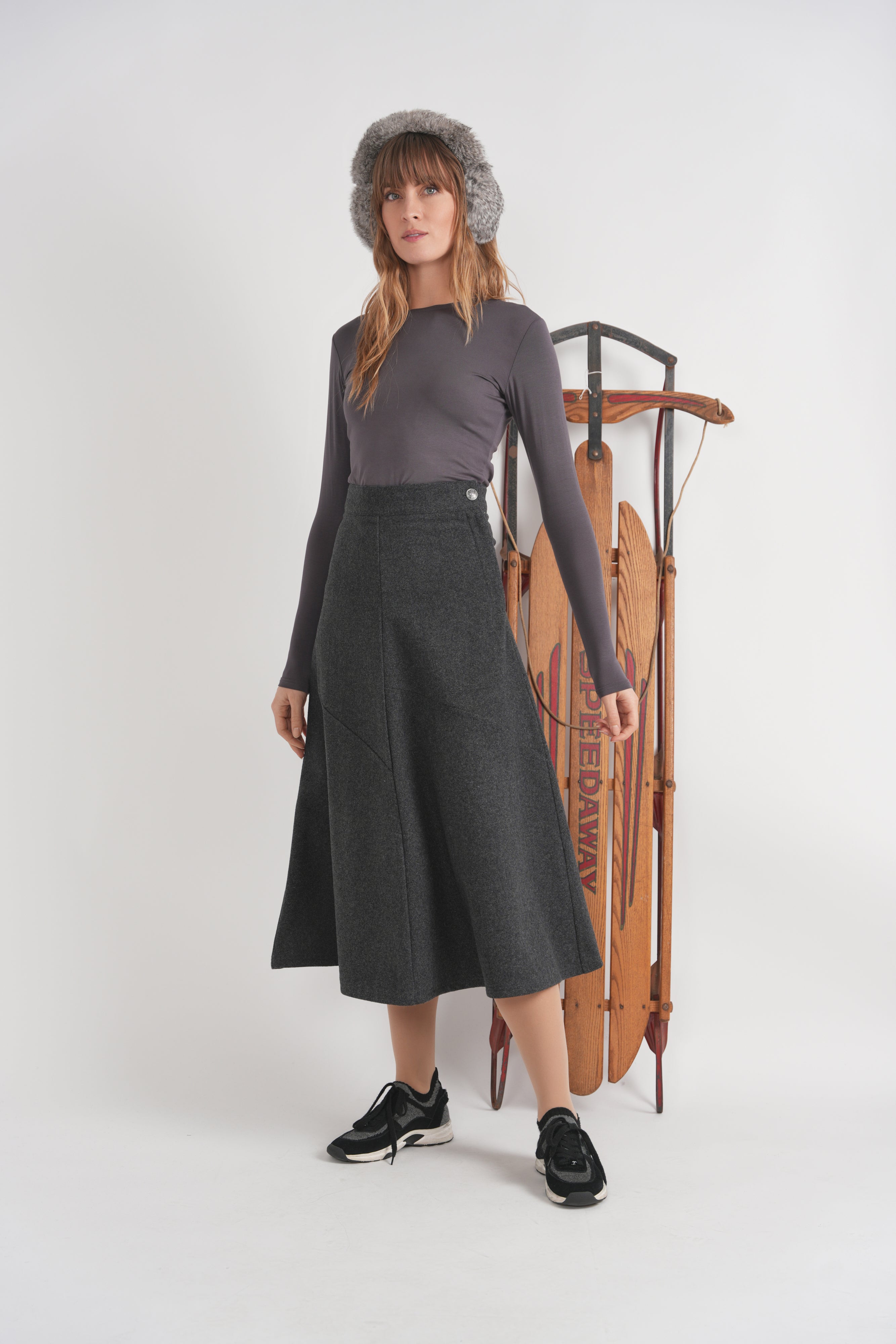 Wool Button Side Midi Skirt in by Viva K