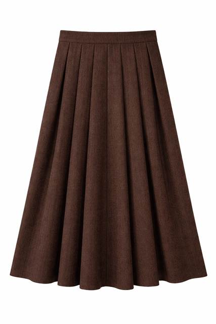 Wool Herringbone Maxi Pleated Skirt in Dark Brown by MiuMax