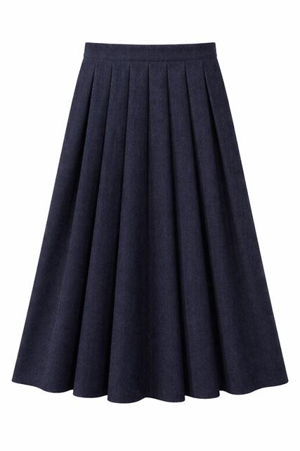Wool Herringbone Maxi Pleated Skirt in Navy by MiuMax