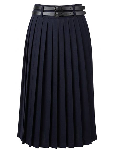 Cool Wool Pleated Double Belt Skirt in Dark Navy by Maxmrkt