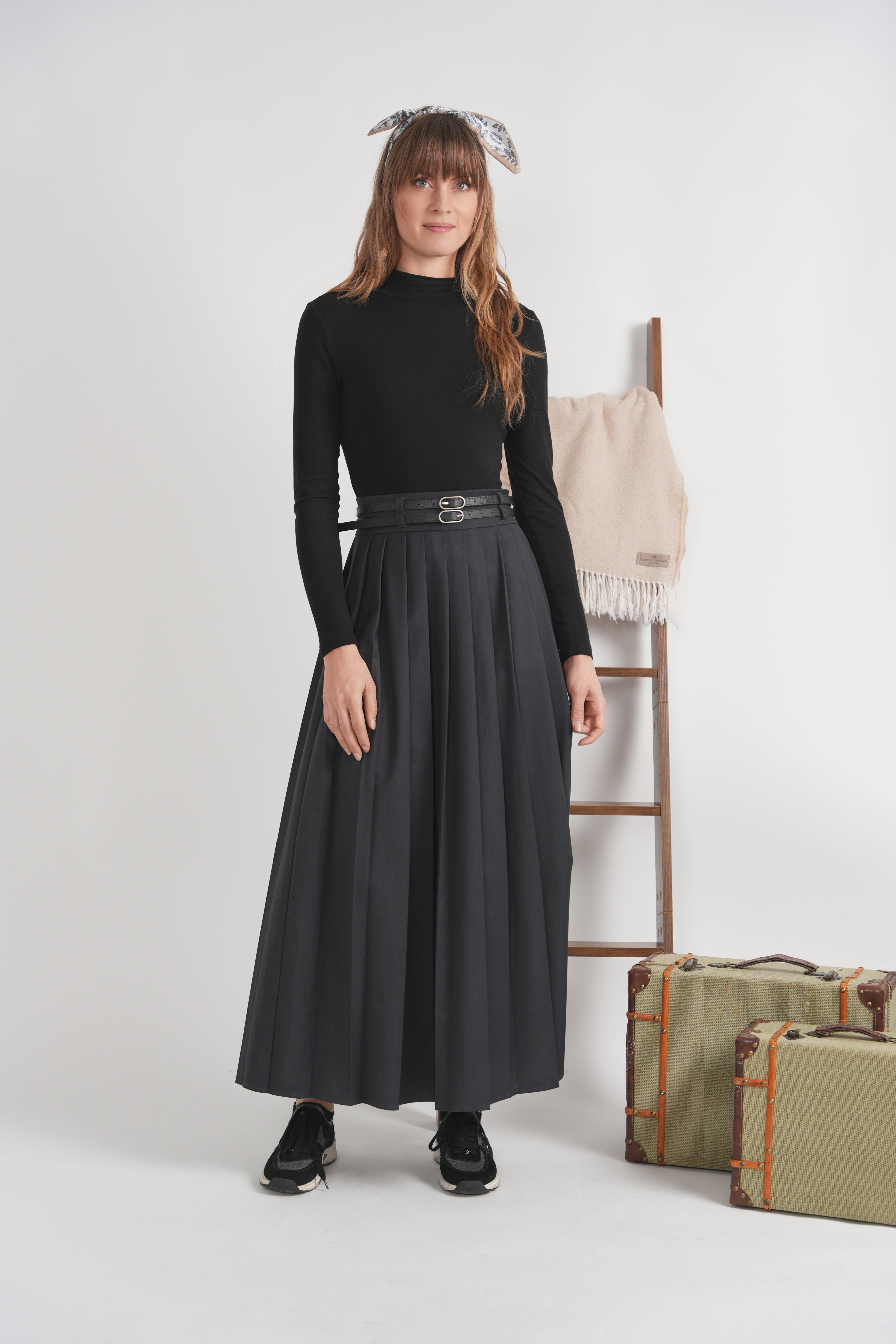 Cool Wool Pleated Double Belt Skirt in by Maxmrkt