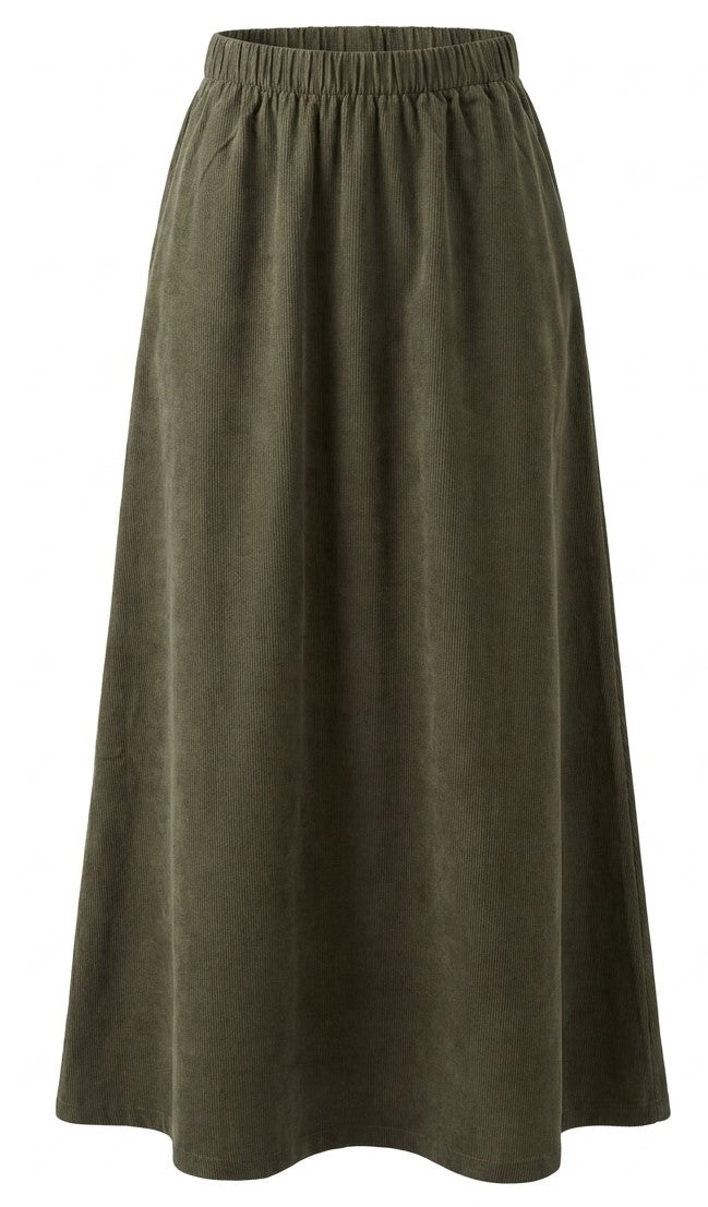 Maxi Corduroy Pull On Skirt in Olive by Ulla Maxi