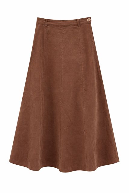 Paneled Corduroy Maxi Belt Skirt in Chocolate by Faves