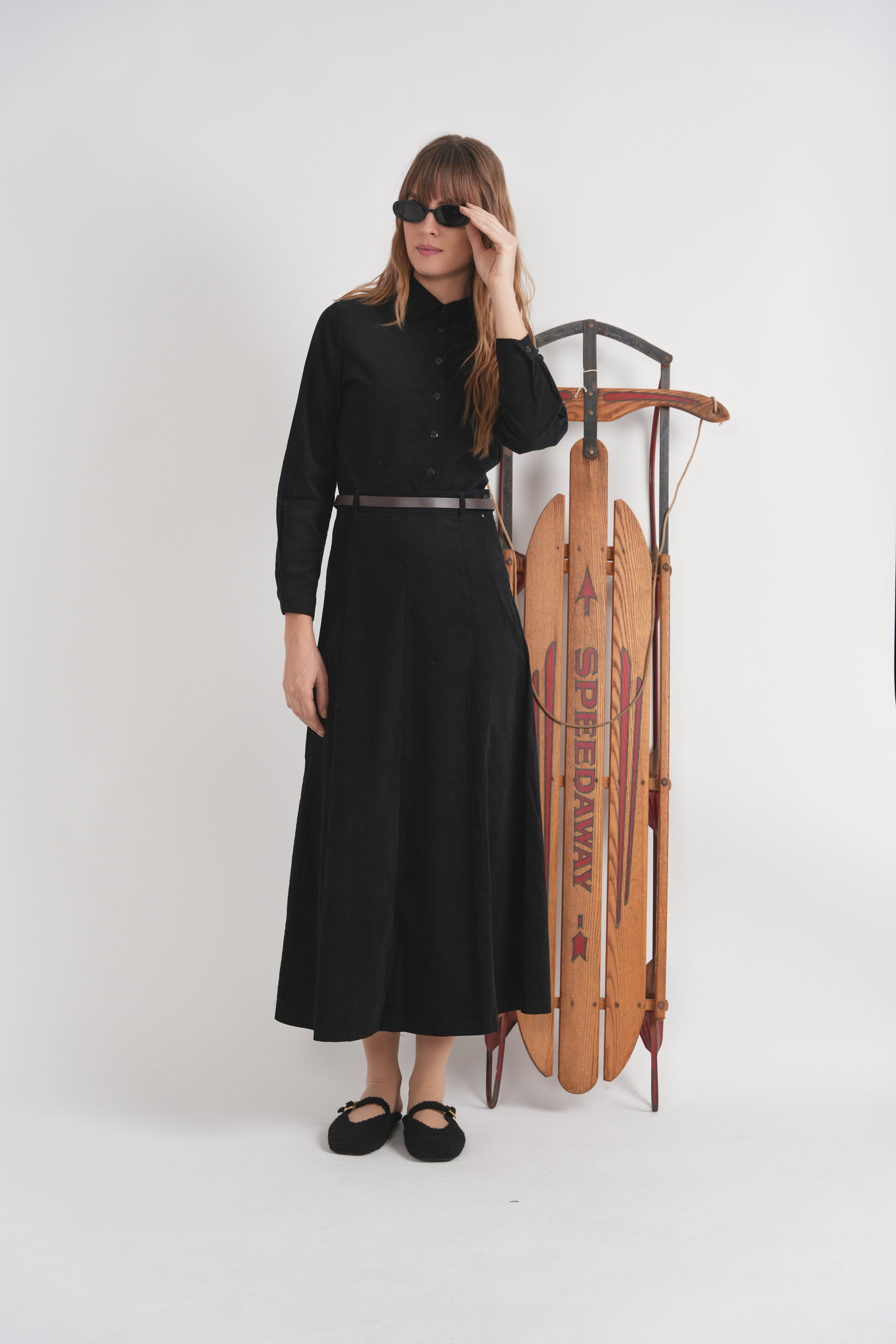 Paneled Corduroy Maxi Belt Skirt in by Faves