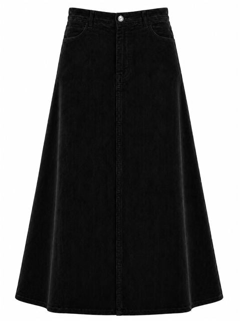 Stretch Corduroy Maxi Panel Skirt in Black by Faves
