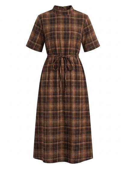 Wool Plaid Midi Dress in Cocoa by Club Malibu