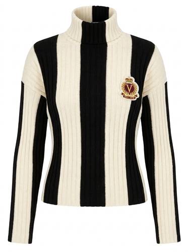Striped Ribbed Mock Neck Sweater in Black Cream by Versatile