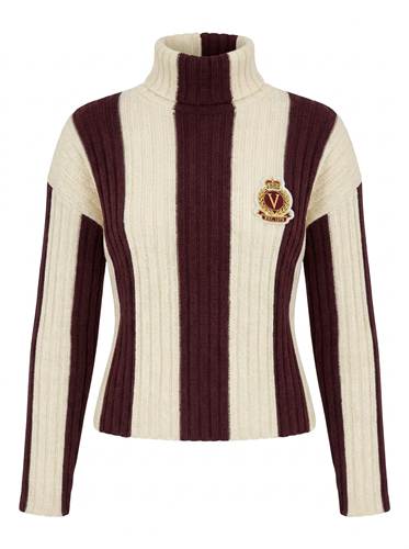 Striped Ribbed Mock Neck Sweater in Dark Wine Cream by Versatile