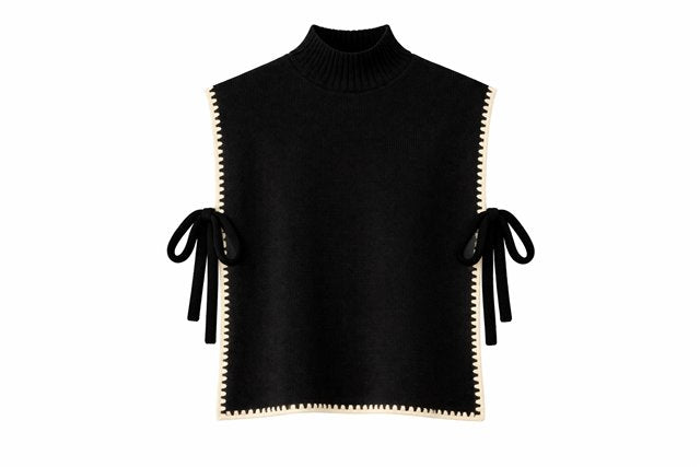 Contrast Trim Side Bow Mock Neck Sweater Vest in Black by Milan Italy