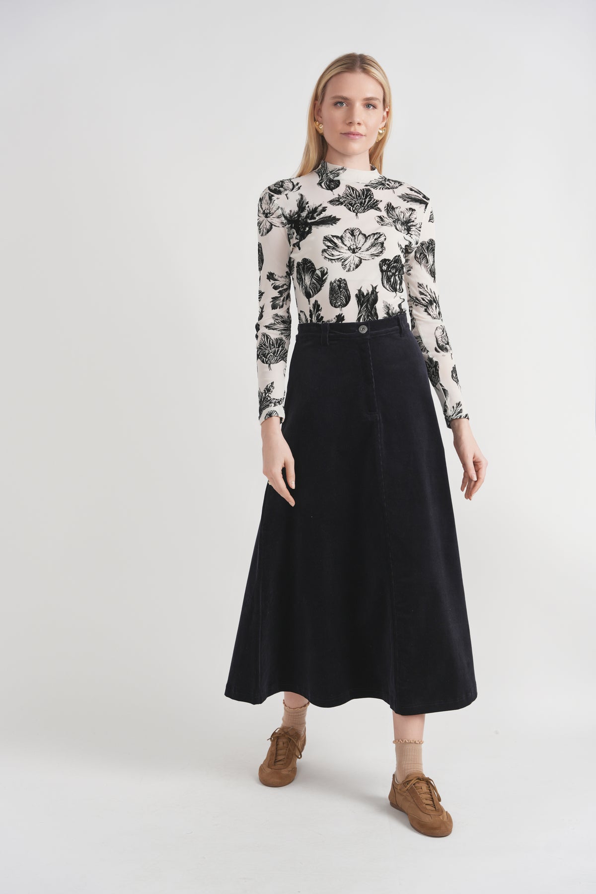 Flocked Knit Mock Neck Tee in Cream Black by Riff