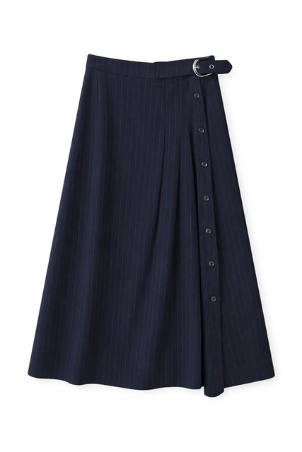 Cool Wool Side Pleated Wrap Midi Skirt in Dark Navy by Viva K