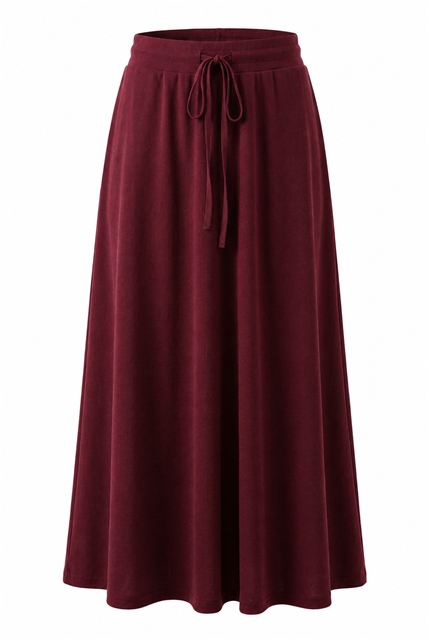 Ribbed Maxi Drawstring A Line Skirt in Burgundy by Positive