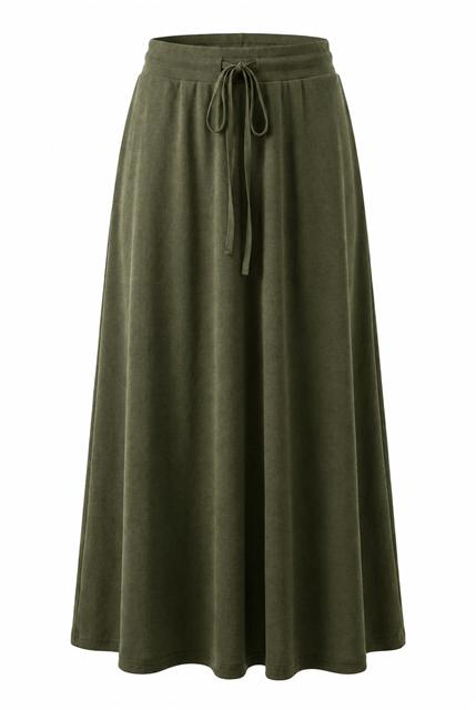 Ribbed Maxi Drawstring A Line Skirt in Olive by Positive