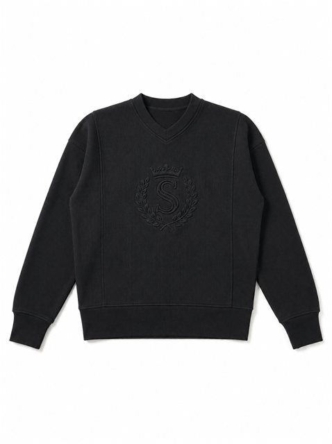 V Neck Emblem Ribbed Top in Black by Spades