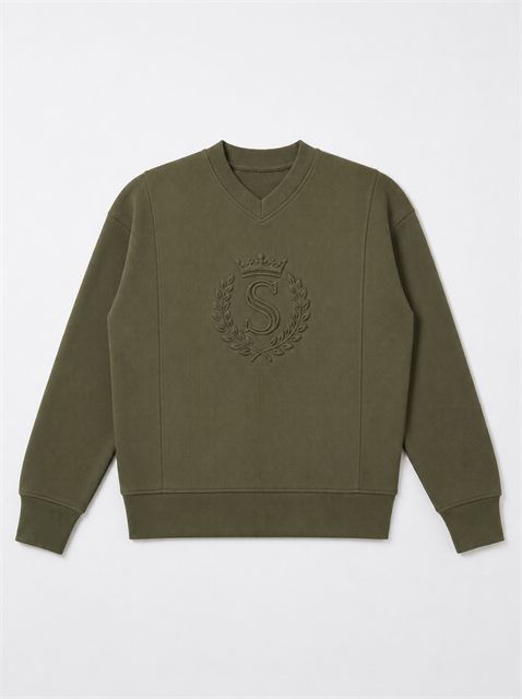 V Neck Emblem Ribbed Top in Olive by Spades