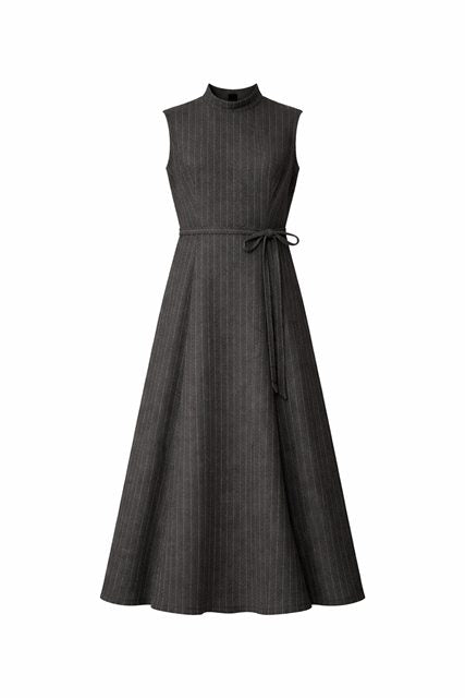 Wool Pinestripes Mock Neck Maxi Jumper in Charcoal by Maxmrkt