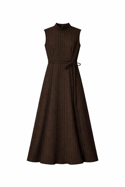 Wool Pinestripes Mock Neck Maxi Jumper in Cocoa by Maxmrkt