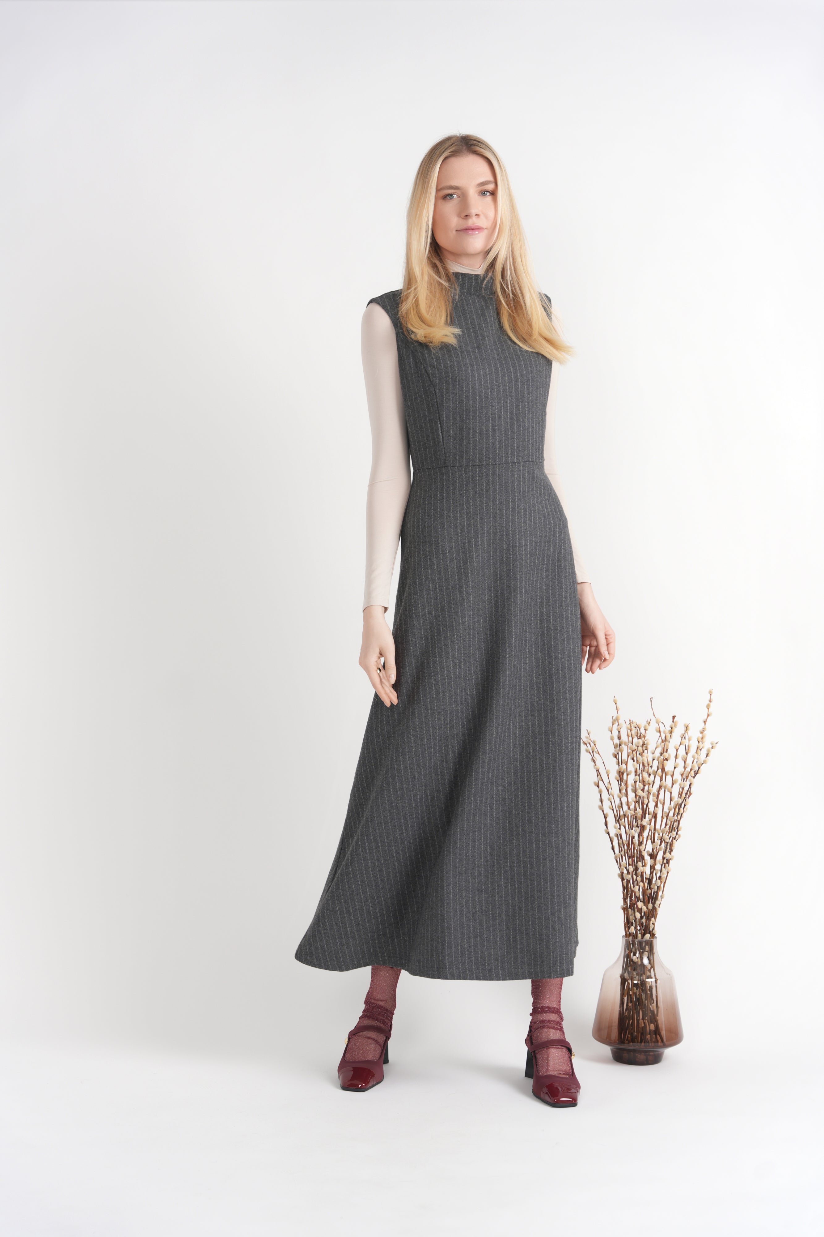 Wool Pinestripes Mock Neck Maxi Jumper