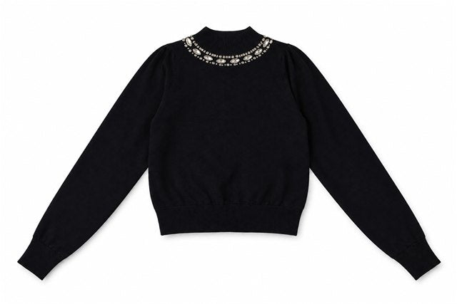 Ribbed Embellished Mock Neck Sweater in Black by Mademoiselle